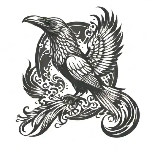 A Tattoo Design Featuring A Raven Transforming Into A Phoenix Rising From The Ashes