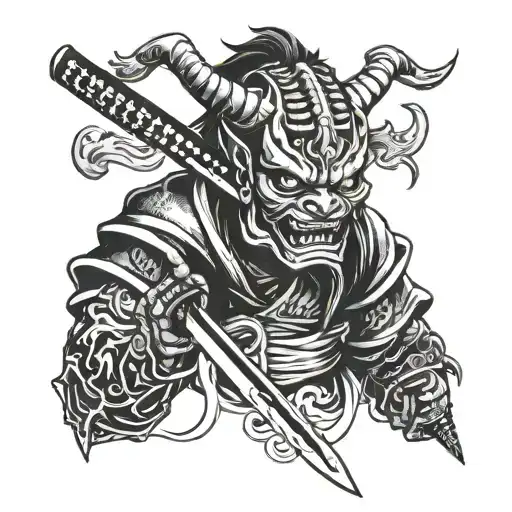 The Blade Of A Katana Pierces The Mask Of A Japanese Oni Demon Vertically From Top To Bottom