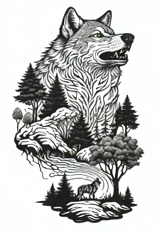 Wolf With Nature Elements Like Trees