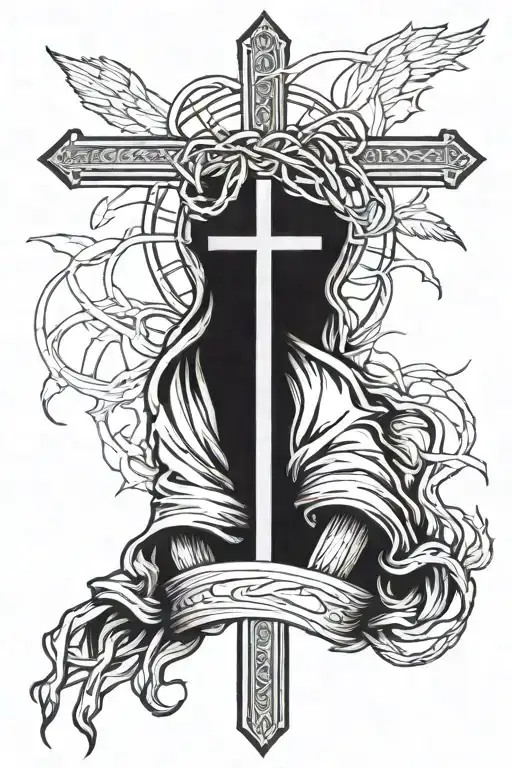 Crucifix With Crown Of Thorns And Shroud With Angel Forearm Half Sleeve