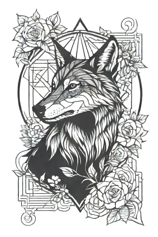 Wolf Surrounded By Flowers And Geometric Shapes Inspired