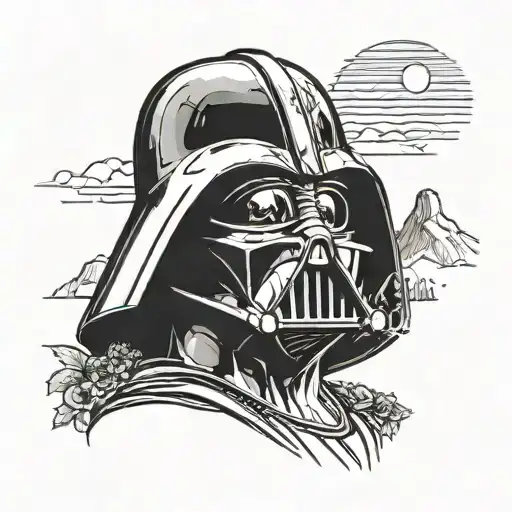 A Detailed Portrait Of Darth Vader With A Scenic Landscape Background