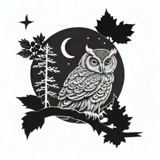 Middle Owl Around Forest And Above Moon