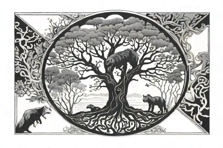 Tree Of Life In The Center Bear Lower Right Wolf Lower Left