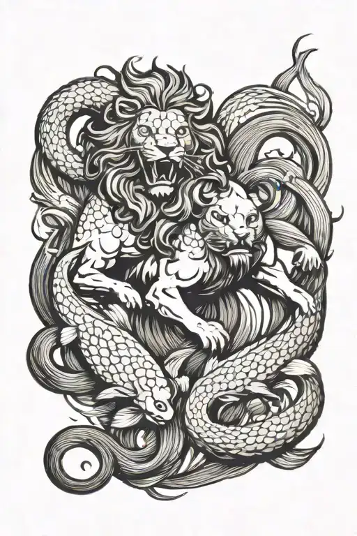 A Fierce Lion Fighting A Fierce Ram Surrounded By Fish