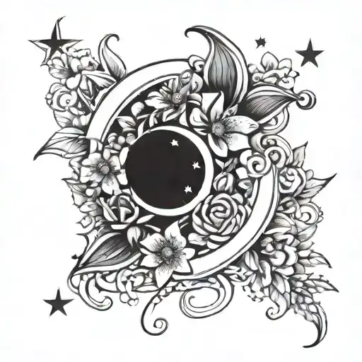 A Tattoo Design Featuring A Bouquet Of Flowers Intertwined With A Crescent Moon And Stars
