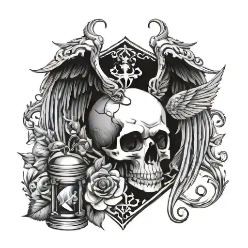 Skull With Hourglass And Wings