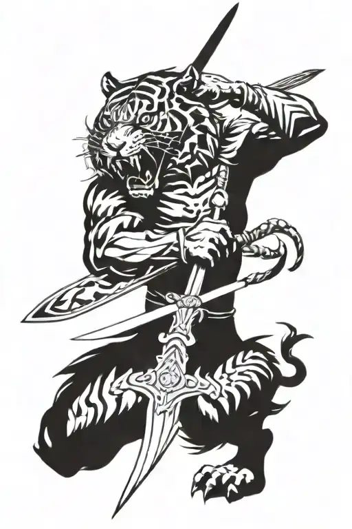 A Fierce Warrior Wielding A Tiger-striped Sword Intertwined