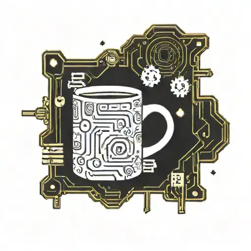 A Circuit Board Pattern With Gaming Icons And Coffee Mugs