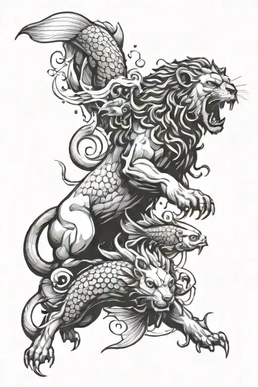 Ram Fighting Lion Surrounded By Fish