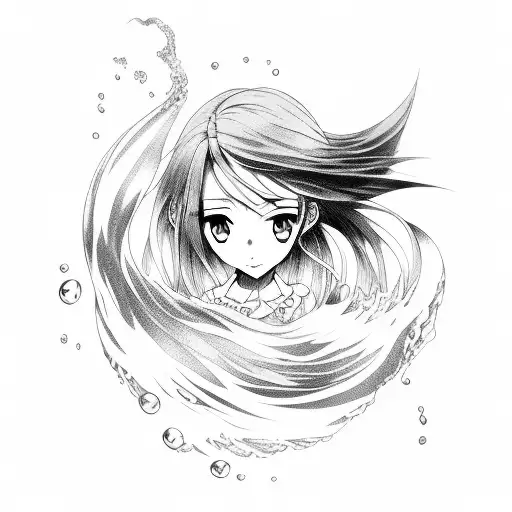 Anime Girl Surrounded By Flowing Water In A Twirl And Back And White