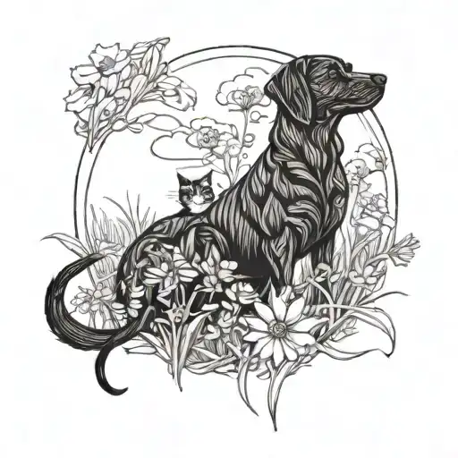 A Unique Blackwork Design Featuring A Stylized Dog And Cat Playing Among A Field Of Wildflowers