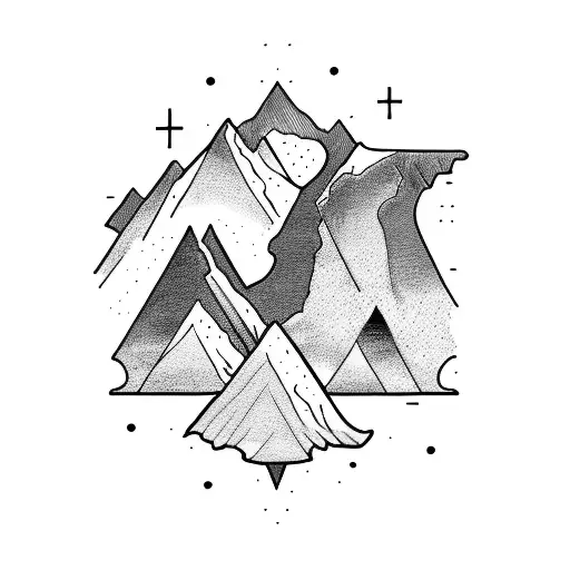A Sketch-style Tattoo Of A Mountain Range With A Lone Hiker Conquering The Peaks