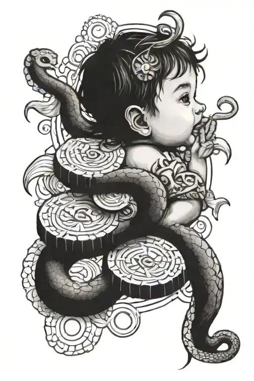 A Baby Surrounded By Floating Coins And A Protective Snake