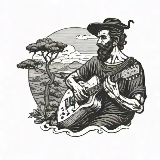 A Greek Philosoper Smoking In A Landscape With A Guitar In His Arms