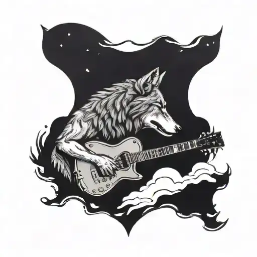 A Wolf Howling At The Moon With A Guitar In Its Mouth