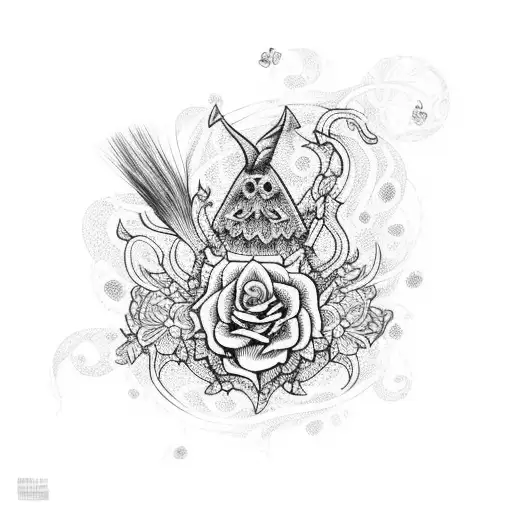 A Dotwork Design Featuring A Bewitching Witch Broom Entangled With Vibrant Floral Patterns