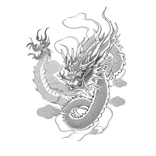 A Blackwork Tattoo Of A Chinese Dragon Surrounded By Cherry Blossom Petals