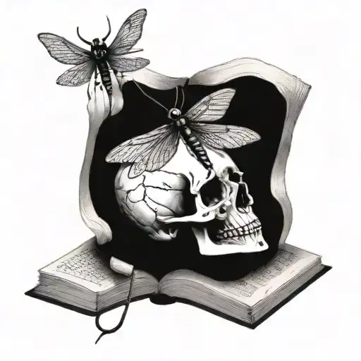 Skull With Dragonfly Perched Atop Open Book Open In Front