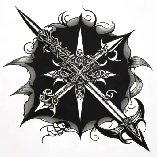 Detailed Black Tattoo With Intertwined Two Swords And A Six-feather In The Center