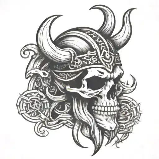 Viking Skull Face Tattoo Featuring Iconic Symbols Intertwined