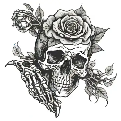 Skeleton Hand Tattoo With Rose Blooming From Center Of Hand And Vines Wrapping Around The Bones