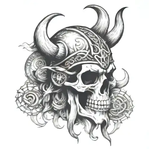 Viking Skull Face Tattoo Featuring Iconic Symbols Intertwined