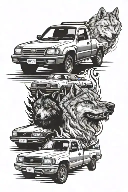 Old Toyota Pickup Truck And Mazda Rx7 And Wolf Head