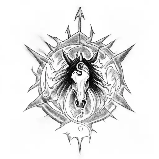 A Black Metal Album Cover-inspired Tattoo Featuring A Demonic Horse Surrounded By Flames