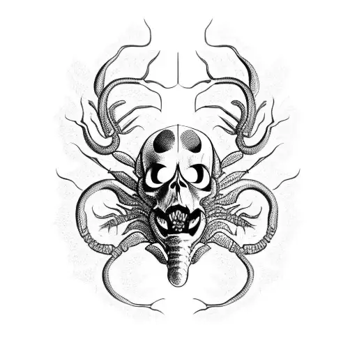 A Centipede Skull Surrounded By Intricate Blackwork Patterns