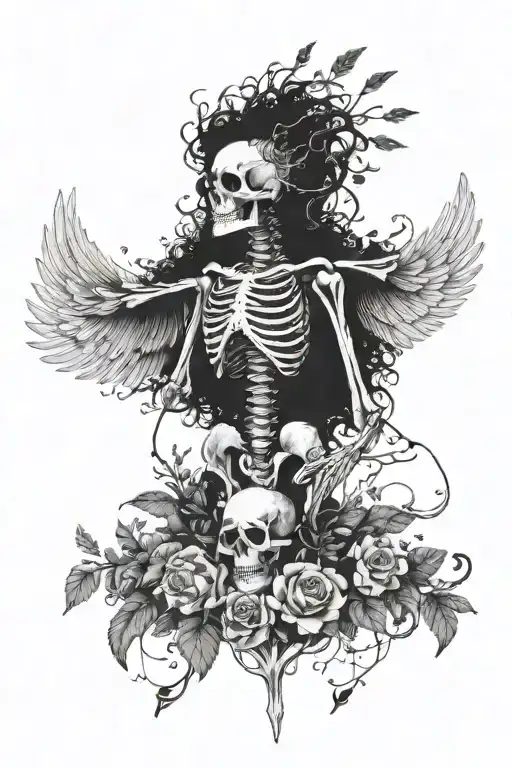 Flying Skeleton With Plants Growing Out Of It With Wings Holding Heart In Both Hands