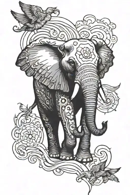 Elephant With Jet Flying Above It On The Left Hand