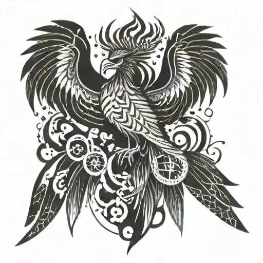 A Geometric Phoenix Merging With A Mercaba Design Combining Elements