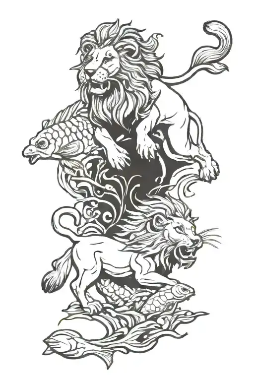 Lion Fighting A Ram Surrounded By Fish