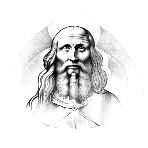 A Detailed Portrait Of Leonardo Da Vinci With A Greek Mythology-inspired Background