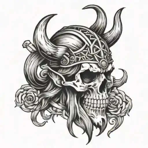 Viking Skull Face Tattoo Featuring Iconic Symbols Intertwined