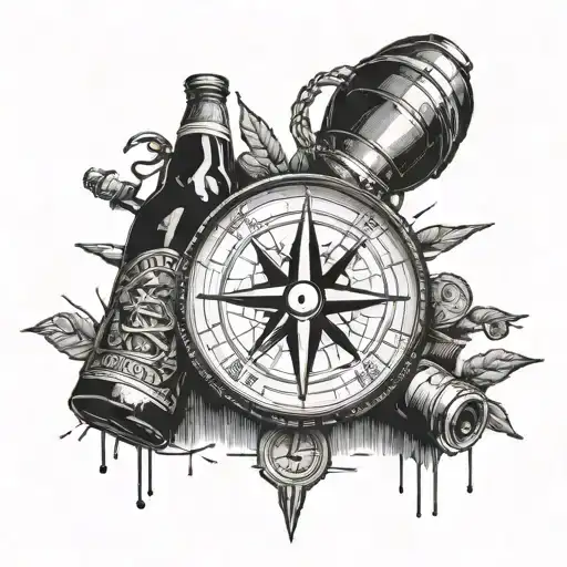 A Tattoo Of An Old School Compass Surrounded By Vintage Hiking Gear And Beer Bottles
