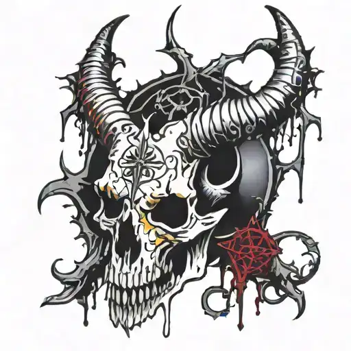 A Black Metal Inspired Tattoo Featuring A Goat Skull Surrounded By Occult Symbols And Blood Drips