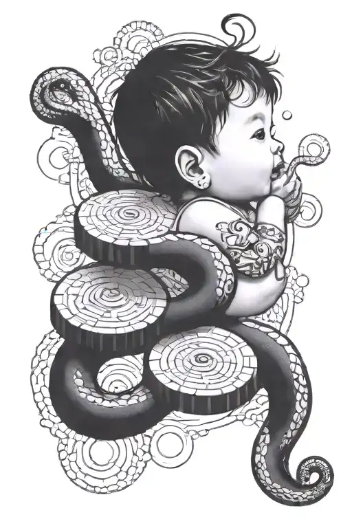 A Baby Surrounded By Floating Coins And A Protective Snake