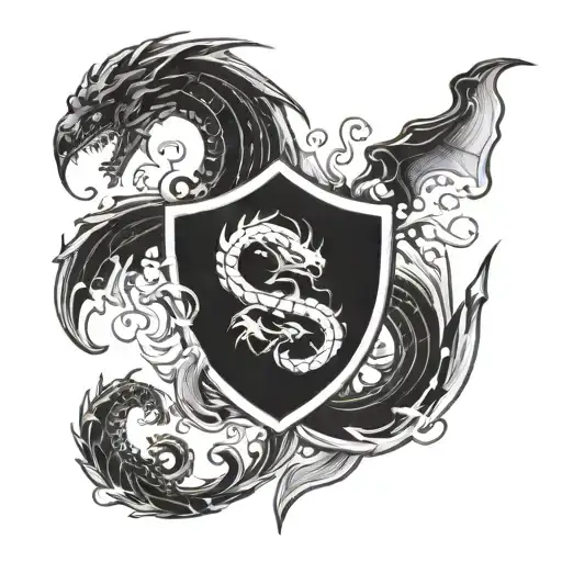 Shield With Dragon With Pisces And Gemini Symbol Coming Out Of Fire