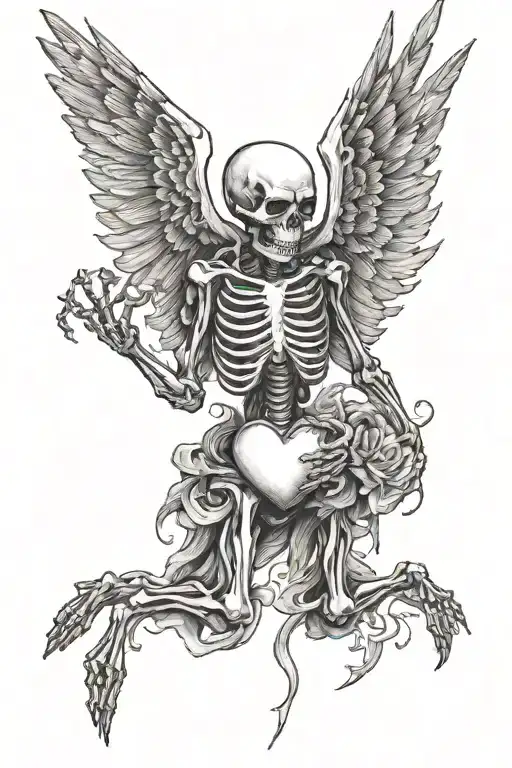 Flying Skeleton With Wings Holding Heart In Both Hands Holding A Heart