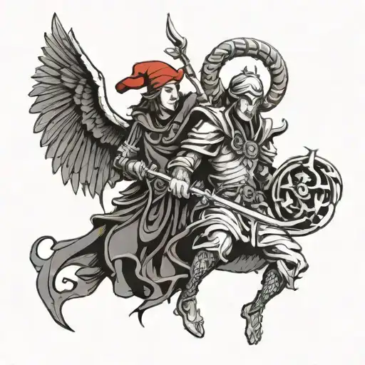 Stylized Scary Archangel Lucifer Next To A Creepy Jester In A Red Cap With Bells