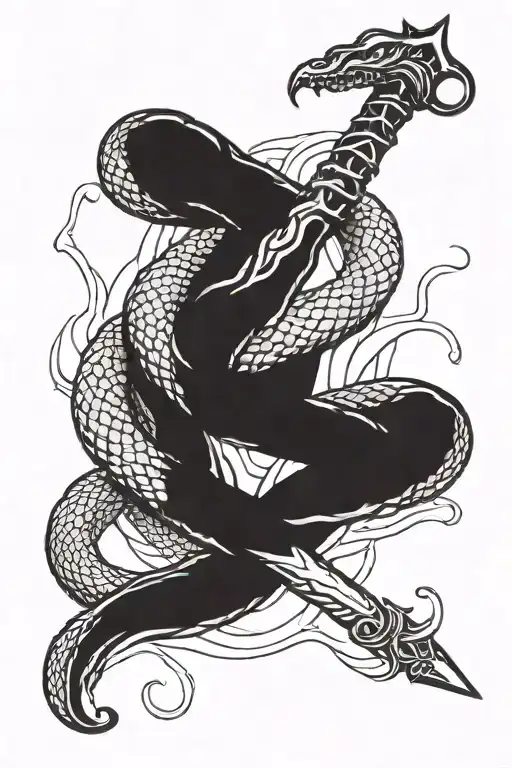 Long Snake Wrapped Around A Sword With Its Fangs Out
