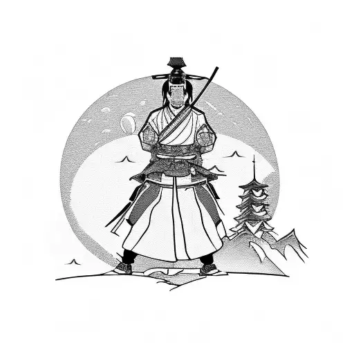 A Samurai On A Hill Wearing A Hat With A Red Moon In The Background