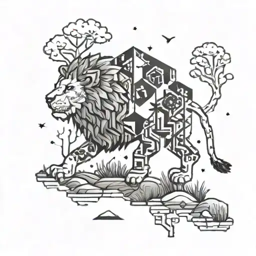 A Pixelated Lion Hiking Through A Forest Filled With Gaming Symbols