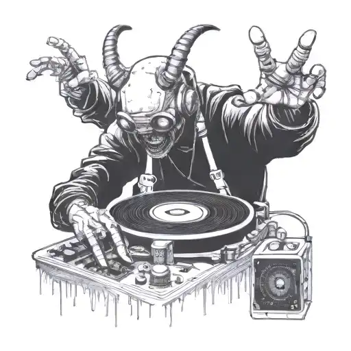 A Aliendemon Dj Spinning Records With A Game Controller In Hand Reaching For An Alien