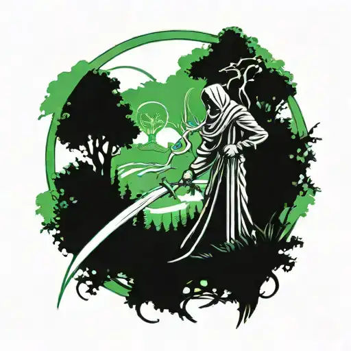 A Futuristic Anime Reaper Wielding A Scythe In A Lush Green Forest