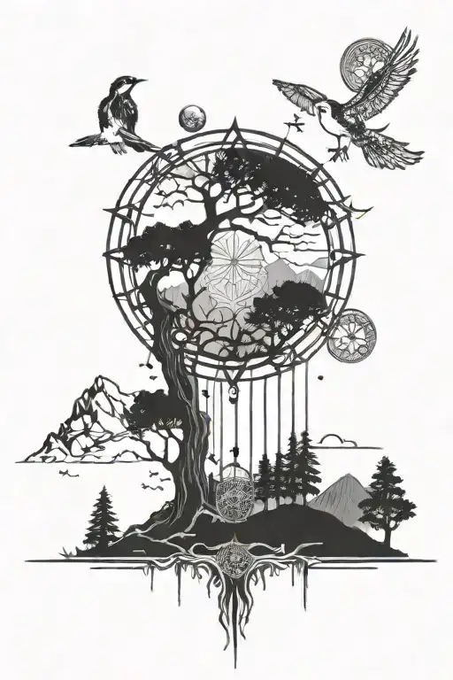D Ream Catcher With Tree Of Life And Mountains In The Centre