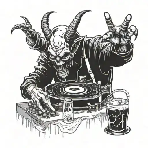 A Demon Dj Spinning Records With A Drink In Hand Reaching For An Alien