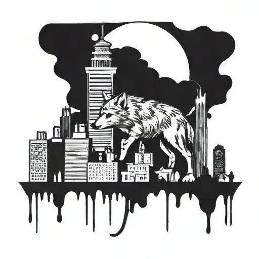 Hungry Wolf In City Skyline